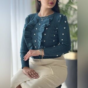 Industry Front Ruffle Green Sweater Women’s Large with Faux Pearls Elegant